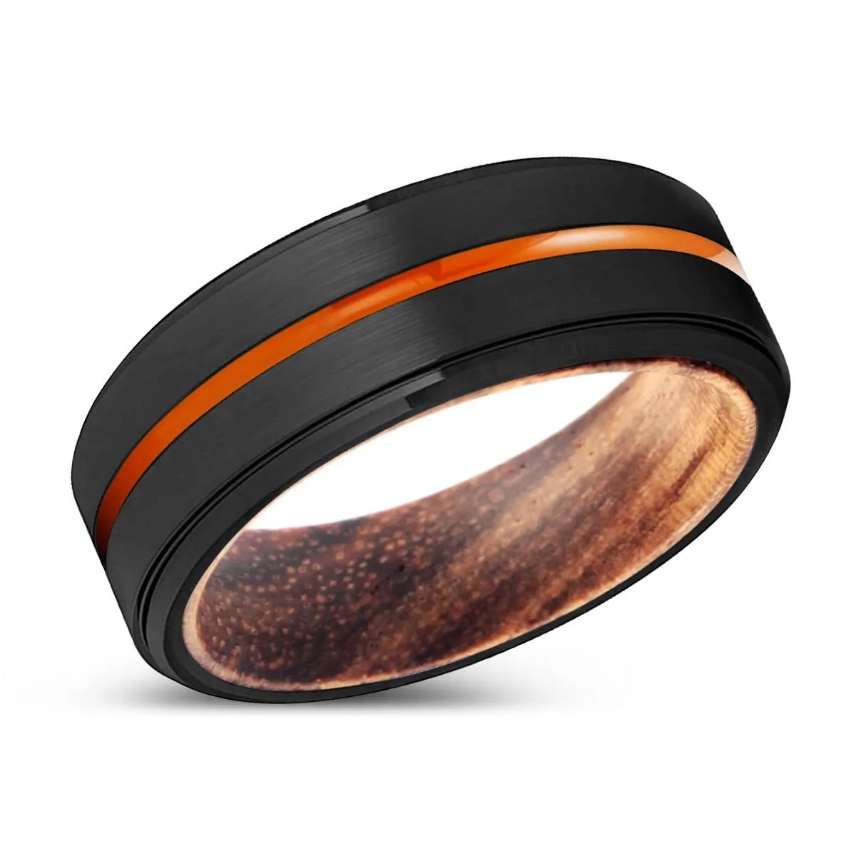 LAVAL | Zebra Wood, Black Tungsten Ring, Orange Groove, Stepped Edge