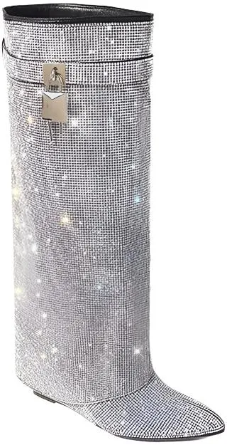 Liliana Women Rhinestone boots Fold over boots Knee high Wedge Heel Pointed Toe Pull-On Tall Boots MUTTO-1 C