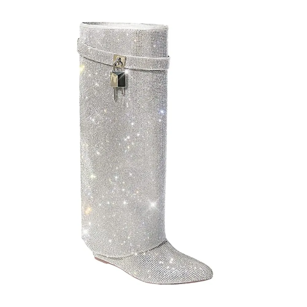 Liliana Women Rhinestone boots Fold over boots Knee high Wedge Heel Pointed Toe Pull-On Tall Boots MUTTO-1 C