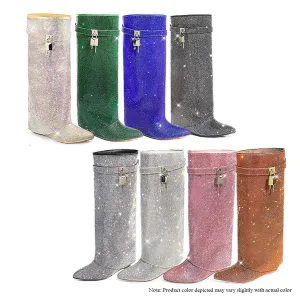 Liliana Women Rhinestone boots Fold over boots Knee high Wedge Heel Pointed Toe Pull-On Tall Boots MUTTO-1 C