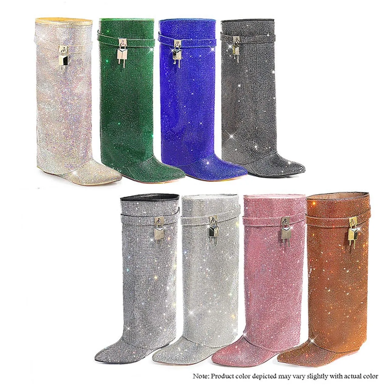 Liliana Women Rhinestone boots Fold over boots Knee high Wedge Heel Pointed Toe Pull-On Tall Boots MUTTO-1 C