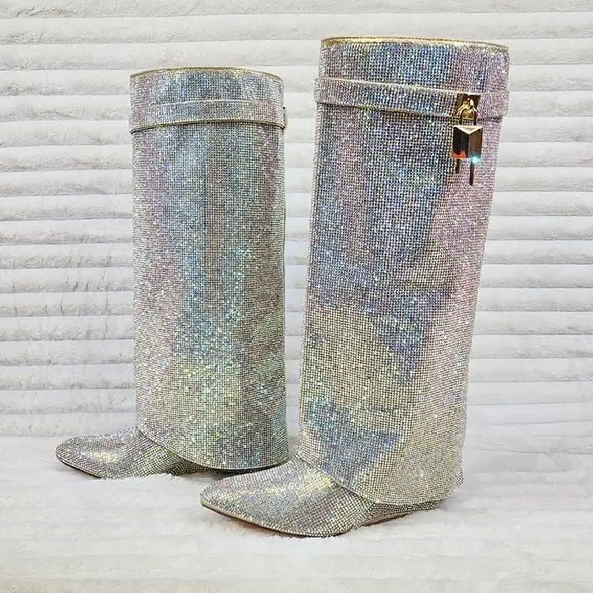 Liliana Women Rhinestone boots Fold over boots Knee high Wedge Heel Pointed Toe Pull-On Tall Boots MUTTO-1 C