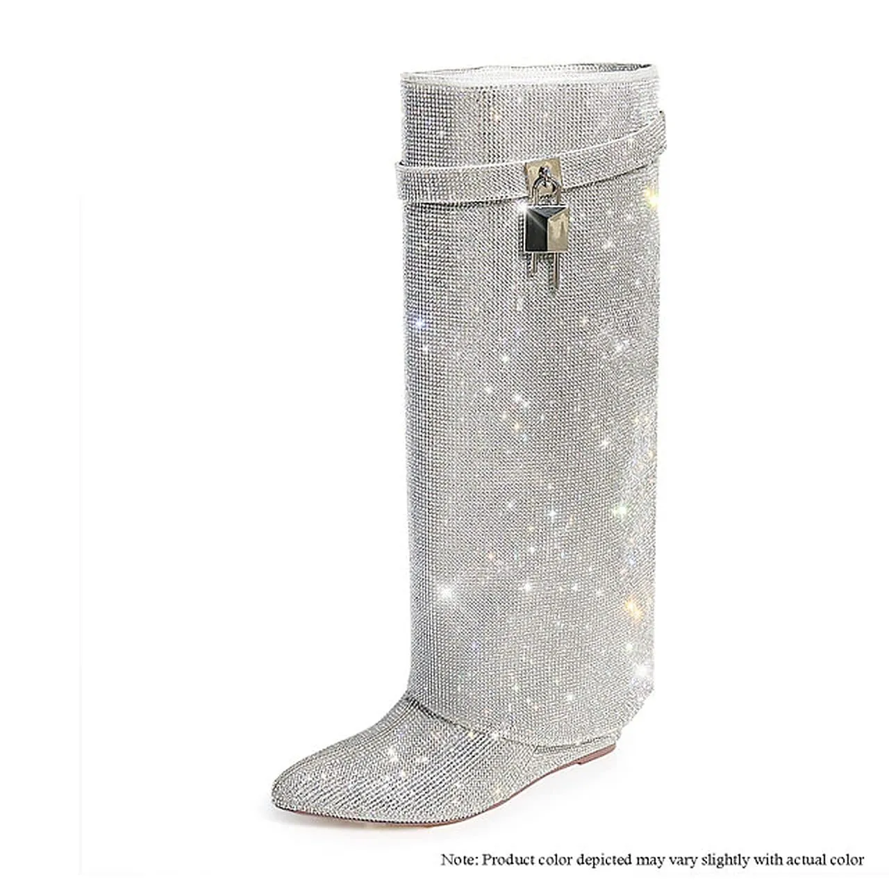Liliana Women Rhinestone boots Fold over boots Knee high Wedge Heel Pointed Toe Pull-On Tall Boots MUTTO-1 C