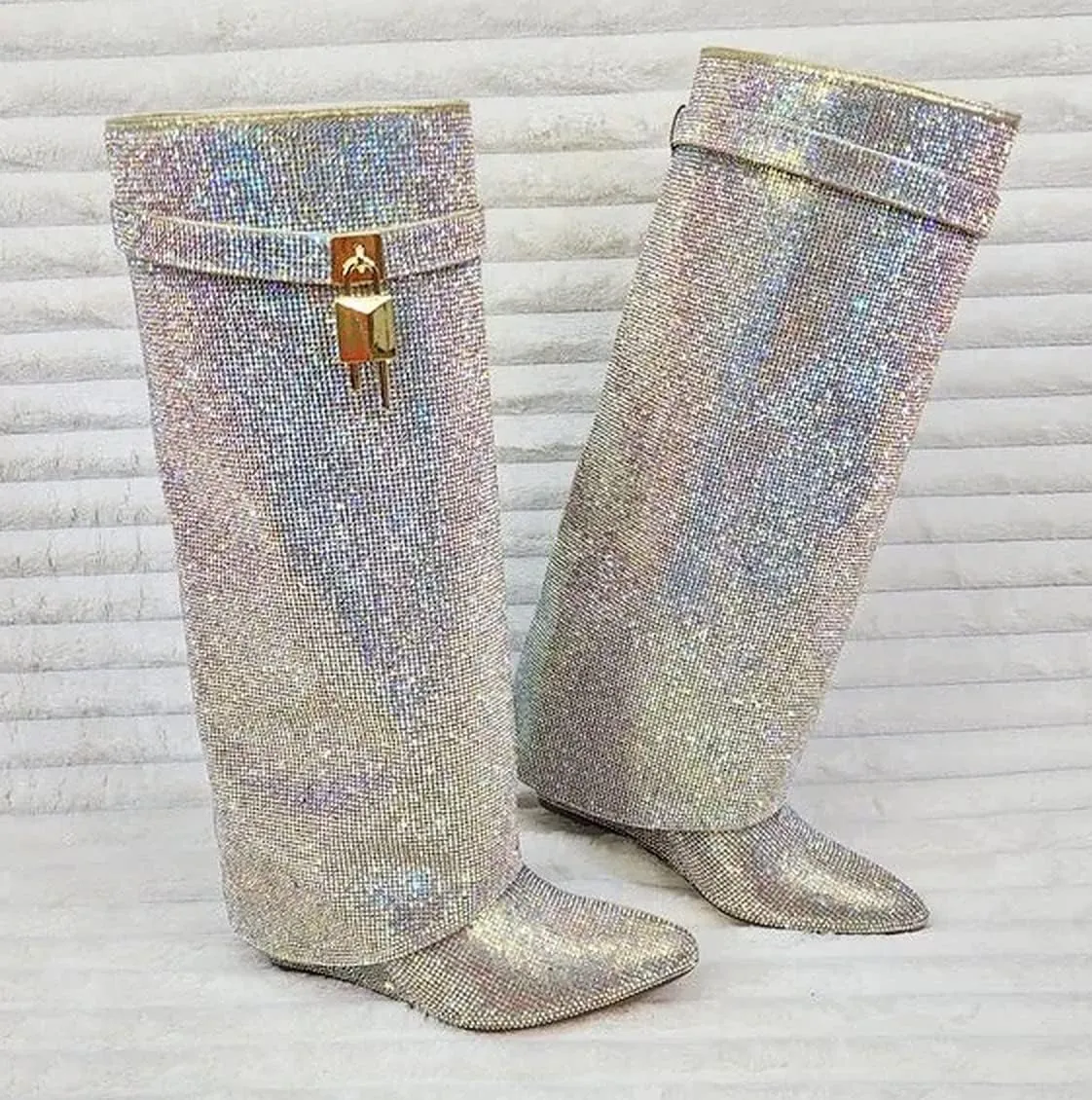 Liliana Women Rhinestone boots Fold over boots Knee high Wedge Heel Pointed Toe Pull-On Tall Boots MUTTO-1 C