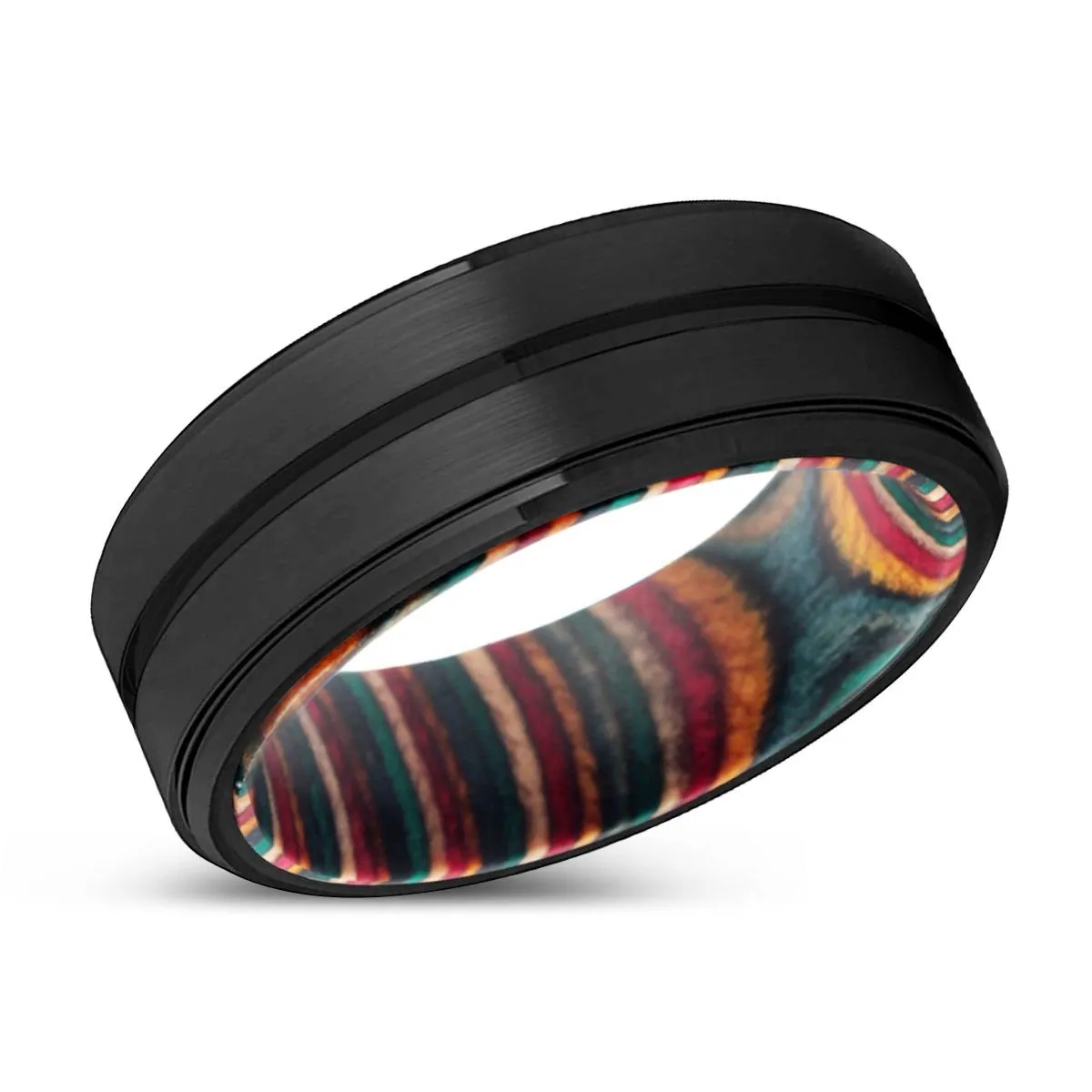 LIVINGSTON | Multi Color Box Wood, Black Tungsten Ring, Grooved, Stepped Edge
