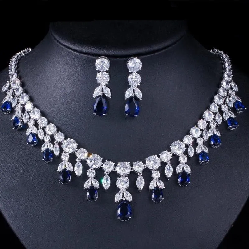 Luxury Dark Blue Big Dangle Drop Bridal Jewelry Sets