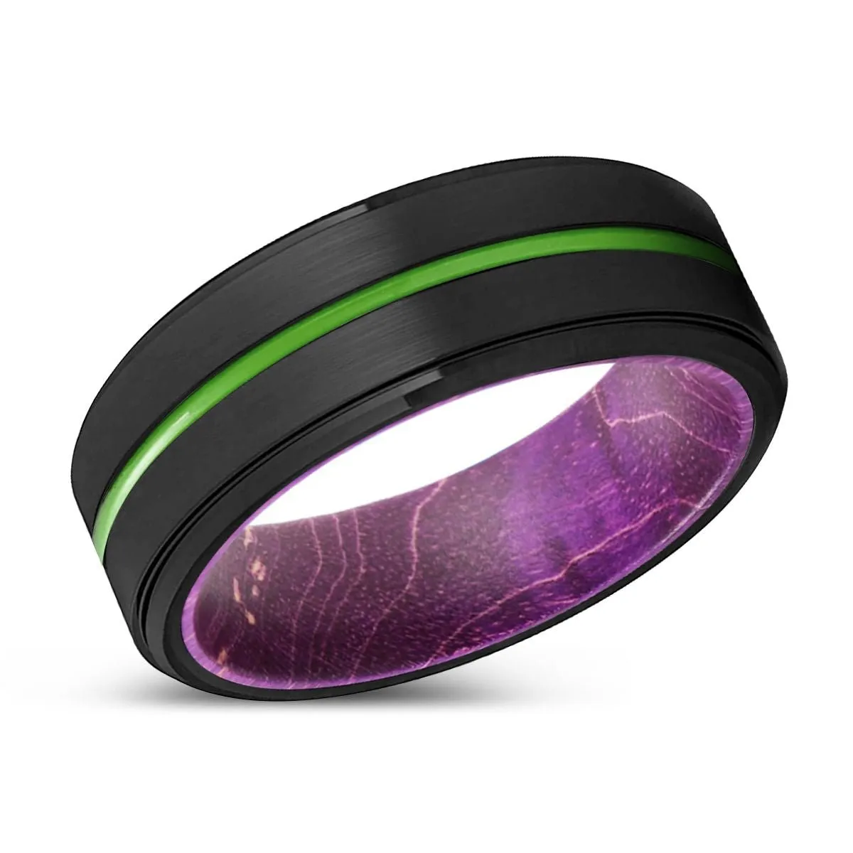 MACON | Purple Wood, Black Tungsten Ring, Green Groove, Stepped Edge