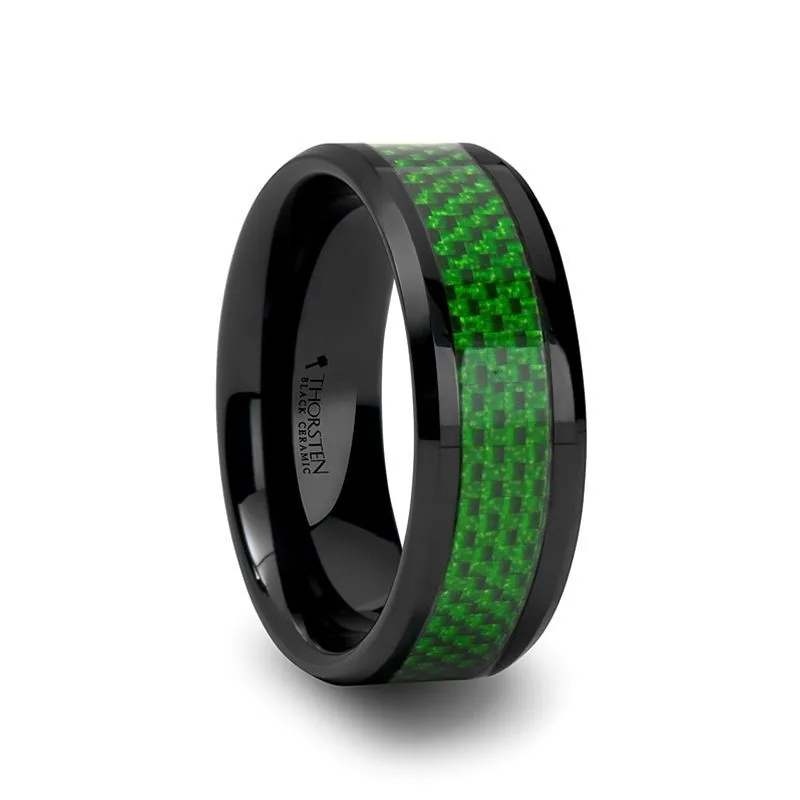 MATLAL | Black Ceramic Ring, Green Carbon Fiber Inlay, Beveled
