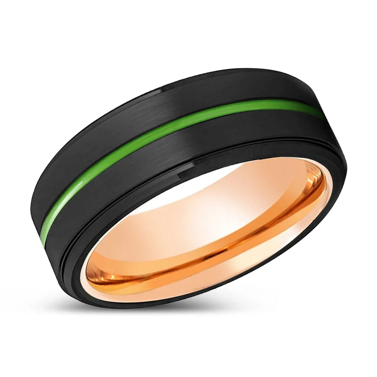 MCALLEN | Rose Gold Ring, Black Tungsten Ring, Green Groove, Stepped Edge