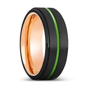 MCALLEN | Rose Gold Ring, Black Tungsten Ring, Green Groove, Stepped Edge