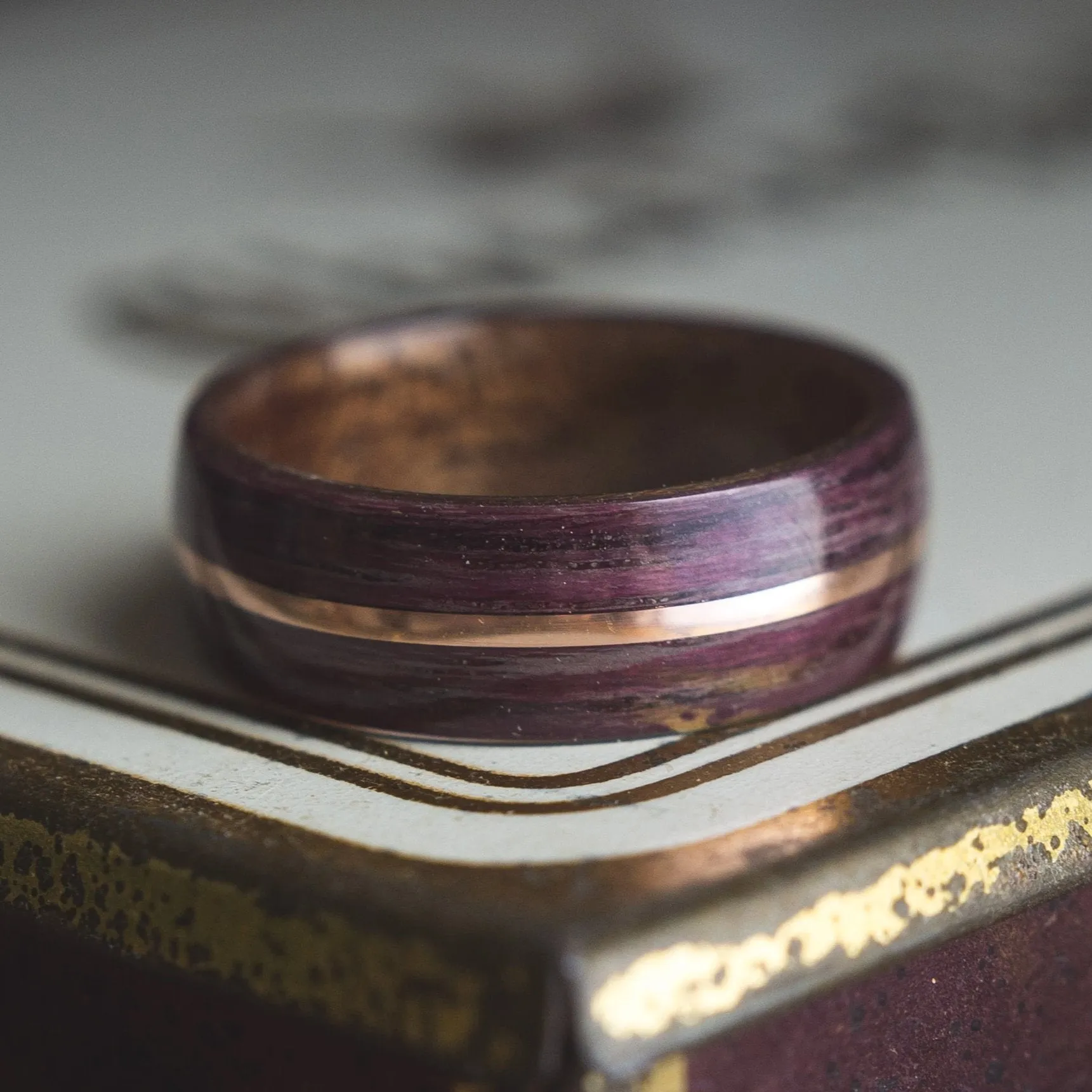 Mens Wedding band featuring Mahogany, Purple Heart with Copper inlay.