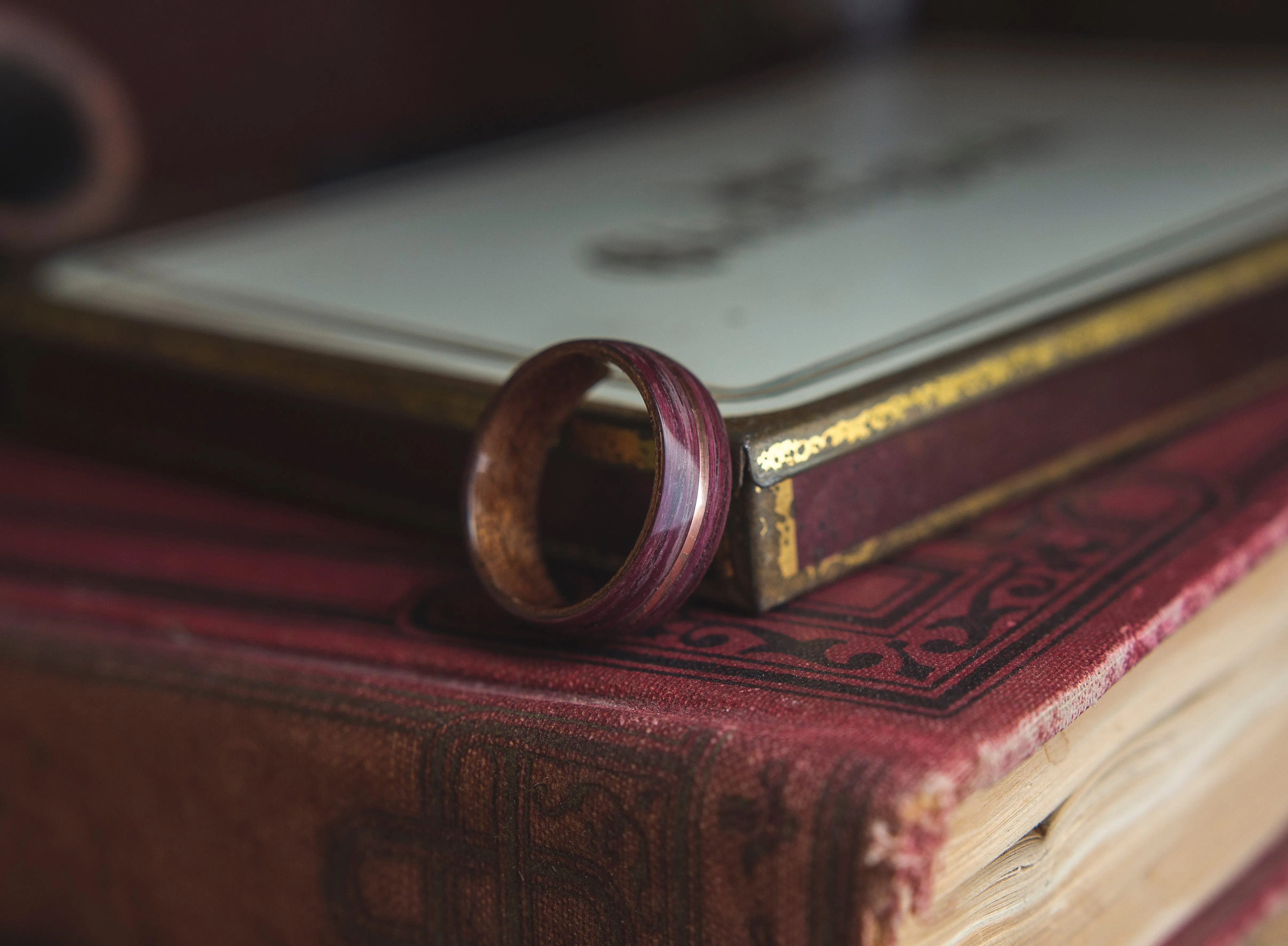 Mens Wedding band featuring Mahogany, Purple Heart with Copper inlay.