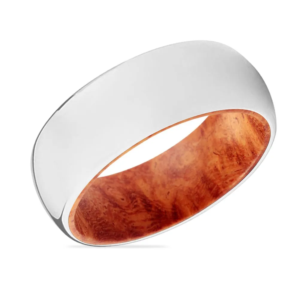 MEPHISTO | Red Burl Wood, Silver Tungsten Ring, Shiny, Domed