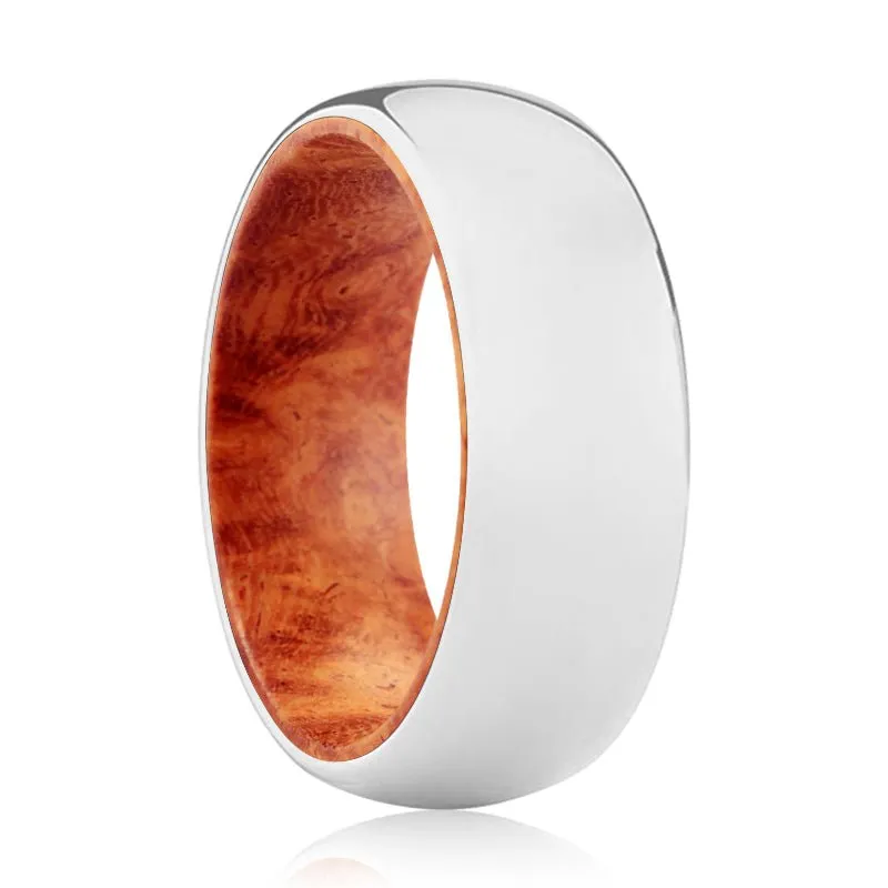 MEPHISTO | Red Burl Wood, Silver Tungsten Ring, Shiny, Domed