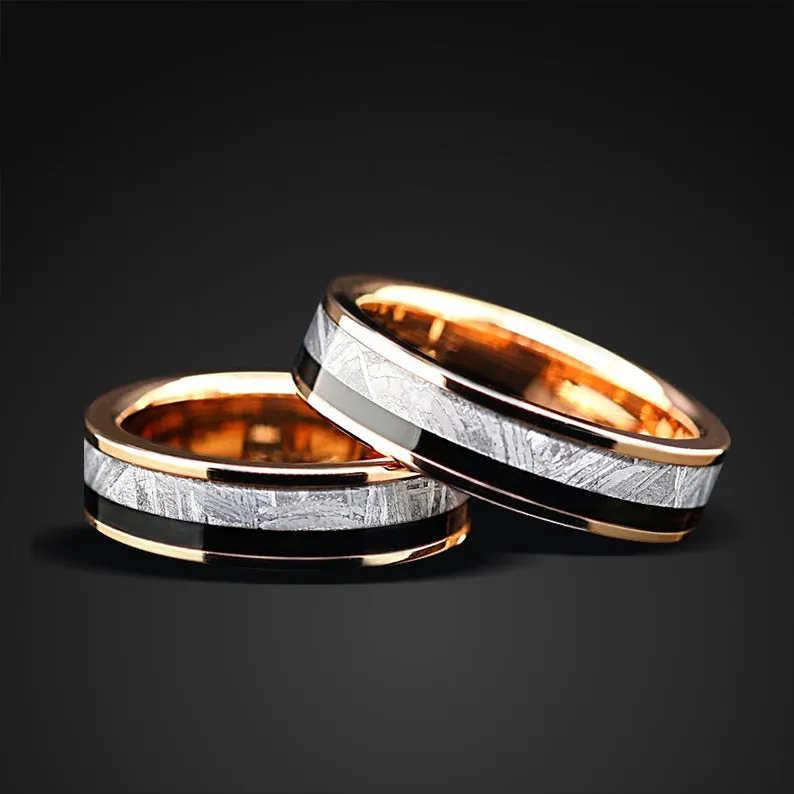 Meteorite Wedding Bands | Rose gold plated Tungsten  Ring for Women | Muonionalusta Meteorite Wedding Bands for Him & Her
