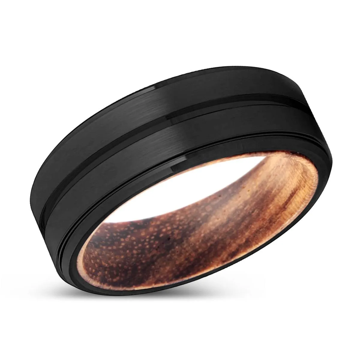 MILES | Zebra Wood, Black Tungsten Ring, Grooved, Stepped Edge