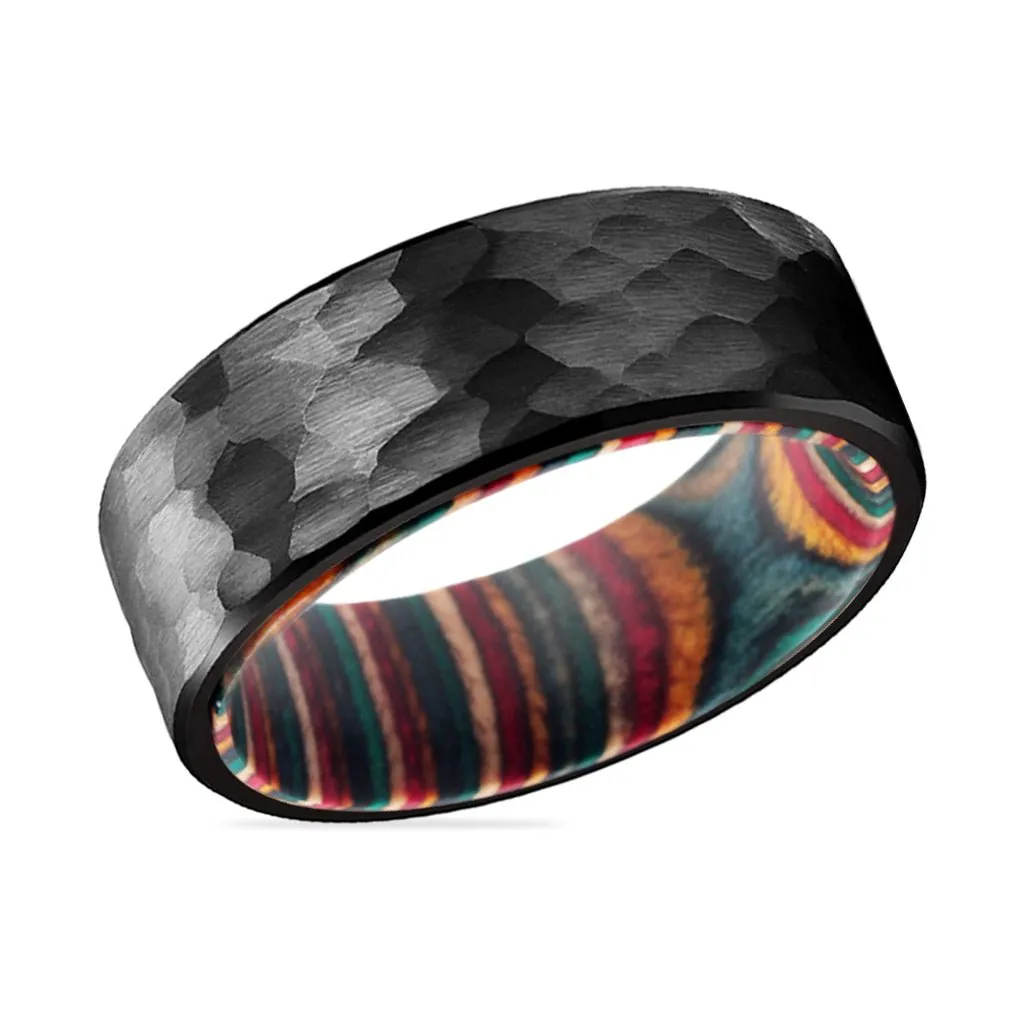 MIRAI | Multi Color Wood, Black Tungsten Ring, Hammered, Flat