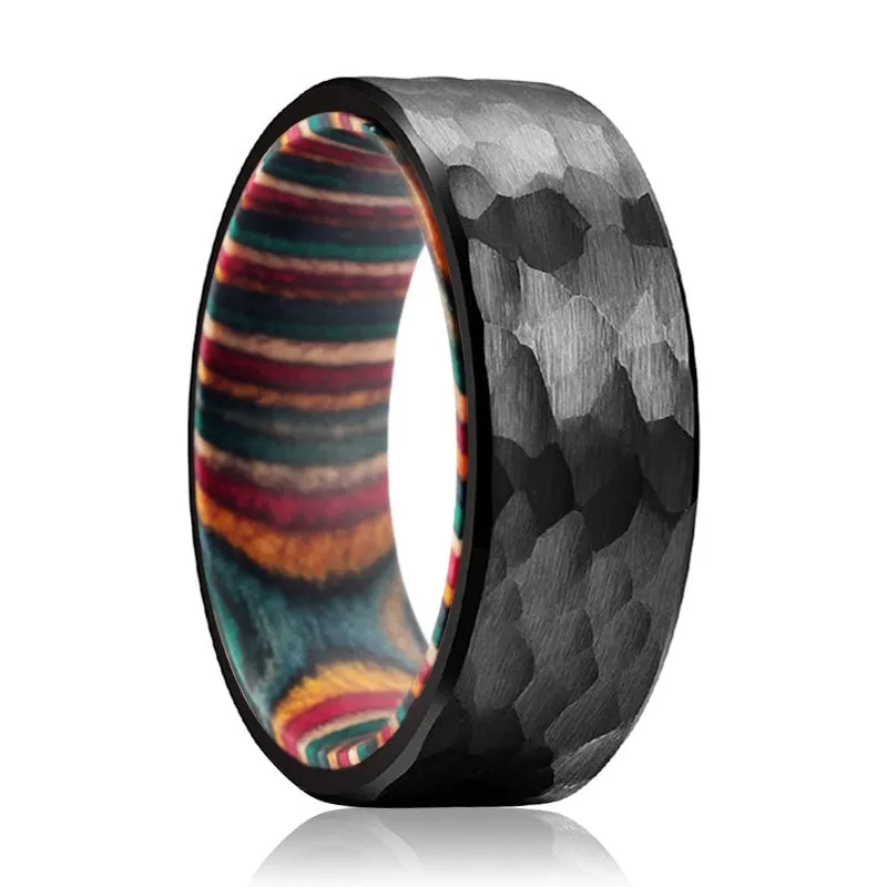 MIRAI | Multi Color Wood, Black Tungsten Ring, Hammered, Flat