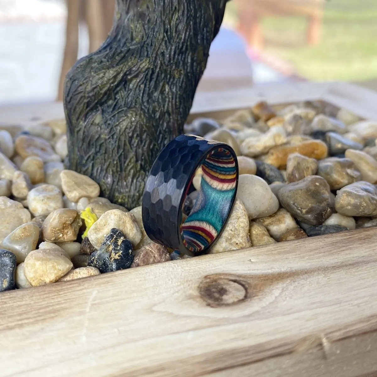 MIRAI | Multi Color Wood, Black Tungsten Ring, Hammered, Flat