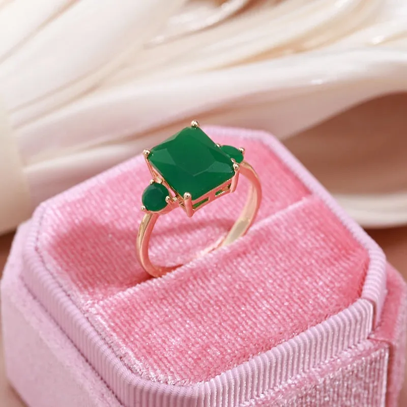 Natural Dark Green Emerald Ring Women 585 Rose Gold Bridal Jewelry