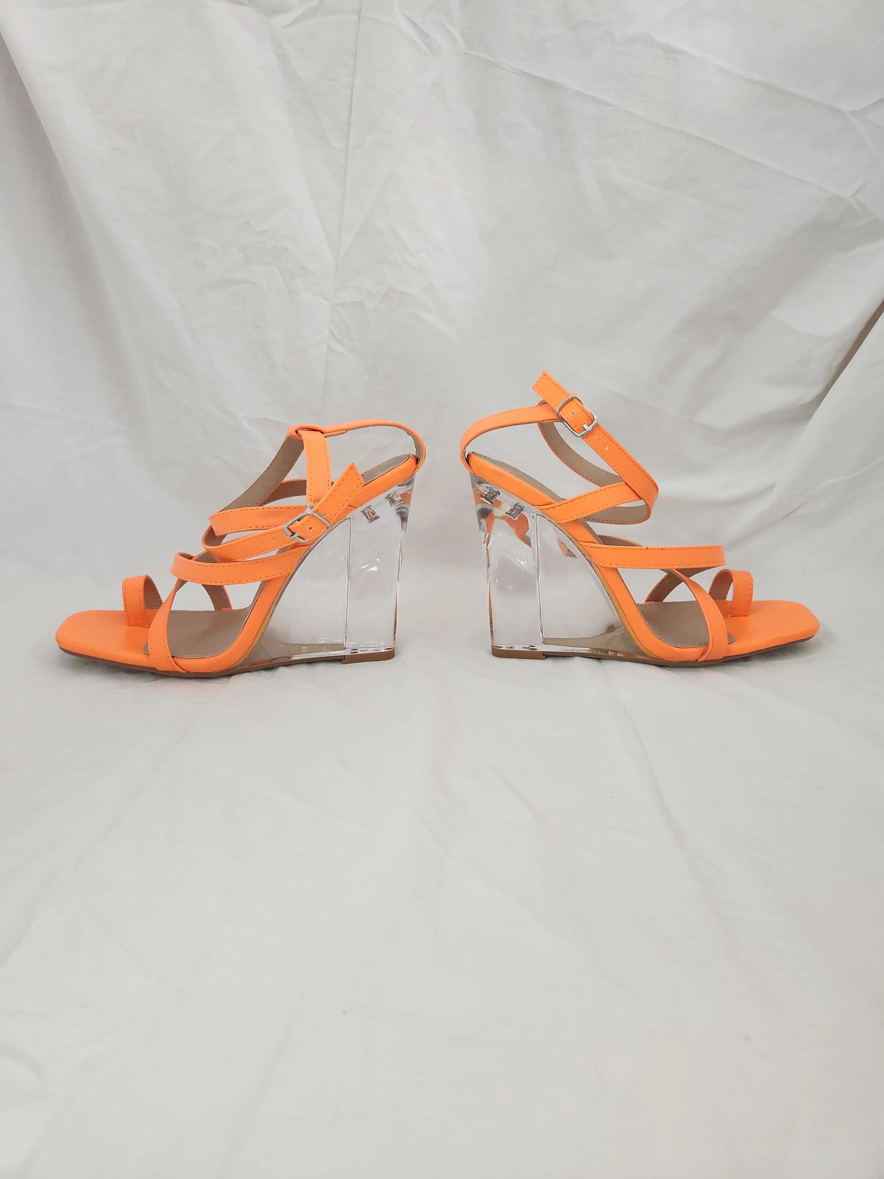 NEW - JustFab Neon Orange Neila Strappy Wedge - Size: 9