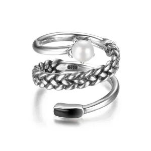 New Women Real 925 Sterling Silver Ring Old Twist Open Ring with Simulated Pearl Vintage Style Jewelry Gift
