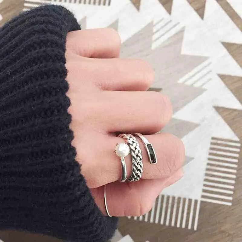 New Women Real 925 Sterling Silver Ring Old Twist Open Ring with Simulated Pearl Vintage Style Jewelry Gift