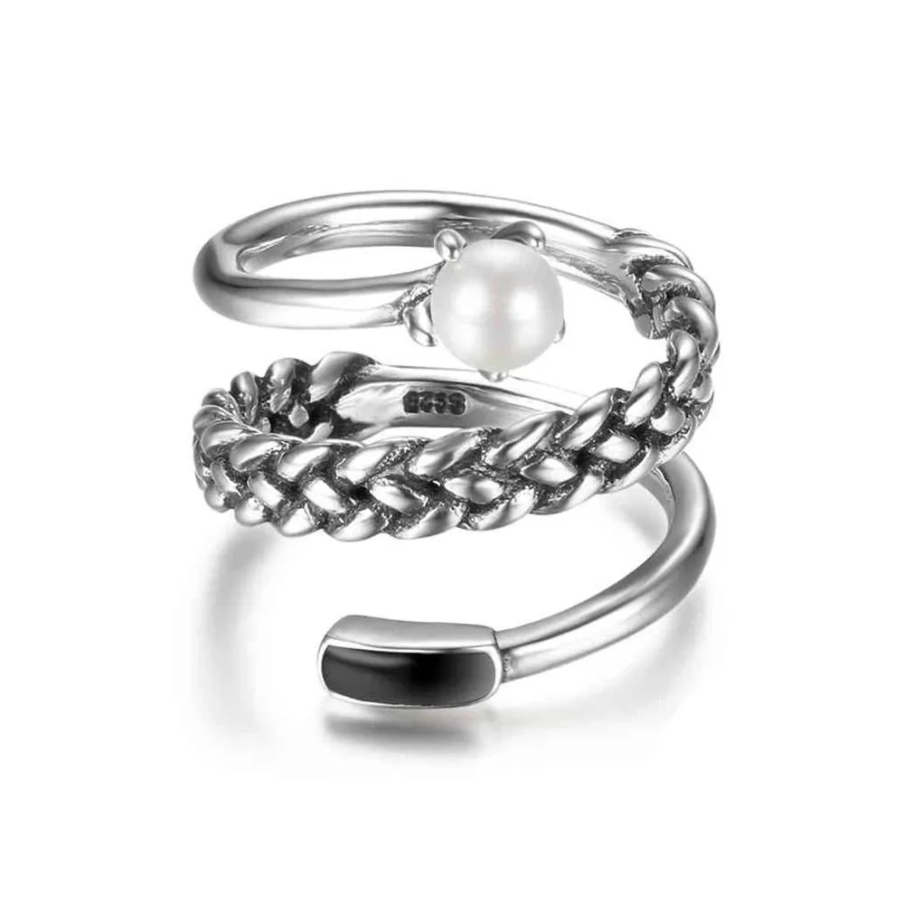New Women Real 925 Sterling Silver Ring Old Twist Open Ring with Simulated Pearl Vintage Style Jewelry Gift