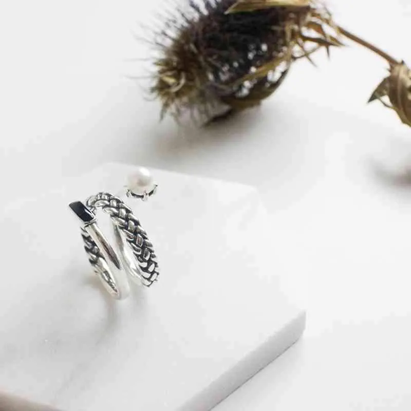 New Women Real 925 Sterling Silver Ring Old Twist Open Ring with Simulated Pearl Vintage Style Jewelry Gift