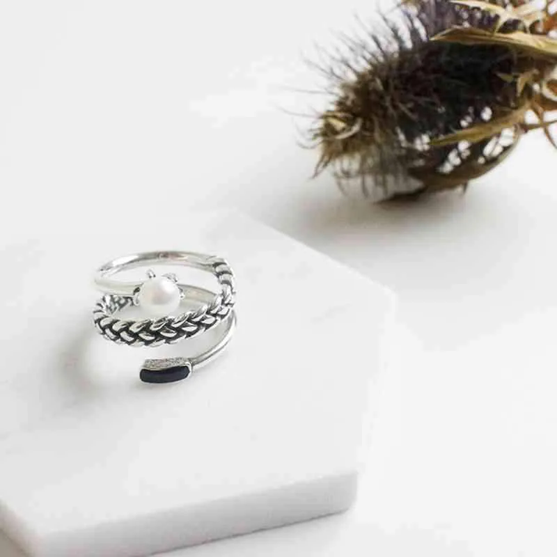 New Women Real 925 Sterling Silver Ring Old Twist Open Ring with Simulated Pearl Vintage Style Jewelry Gift
