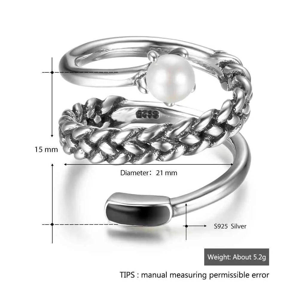 New Women Real 925 Sterling Silver Ring Old Twist Open Ring with Simulated Pearl Vintage Style Jewelry Gift