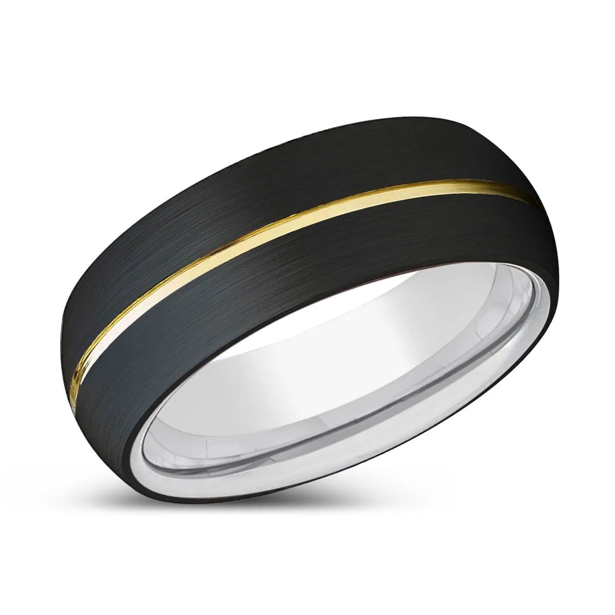 NEXUS | Silver Ring, Black Tungsten Ring, Gold Groove, Domed
