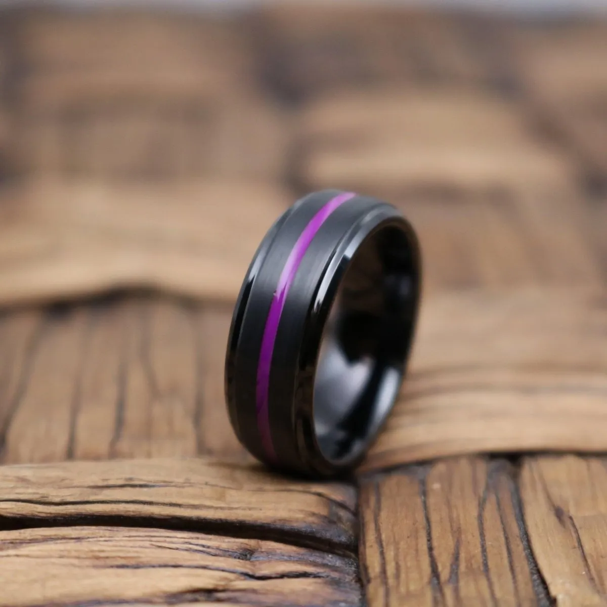 NIGHTSHADE | Black Ring, Black Tungsten Ring, Purple Groove, Stepped Edge