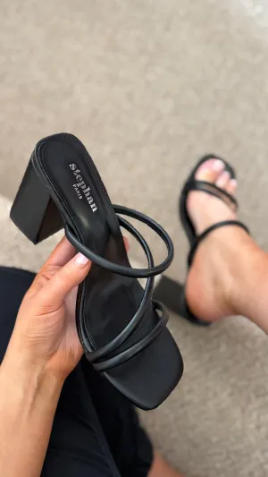 Nuala Black Strappy Slip On Block Heel Sandals