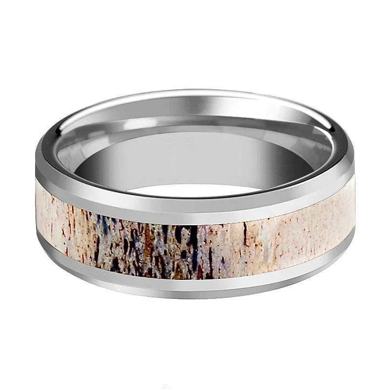 Ombre Deer Antler Tungsten Ring For Men With Beveled, Polished Finish - 8mm