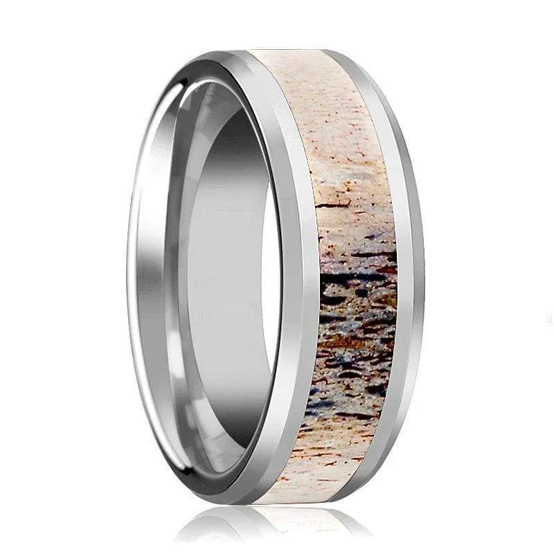 Ombre Deer Antler Tungsten Ring For Men With Beveled, Polished Finish - 8mm