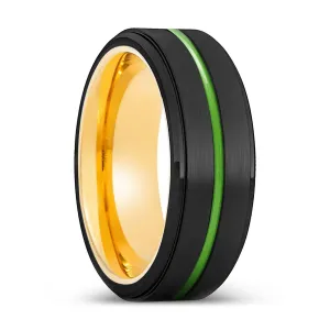 PATERSON | Gold Ring, Black Tungsten Ring, Green Groove, Stepped Edge