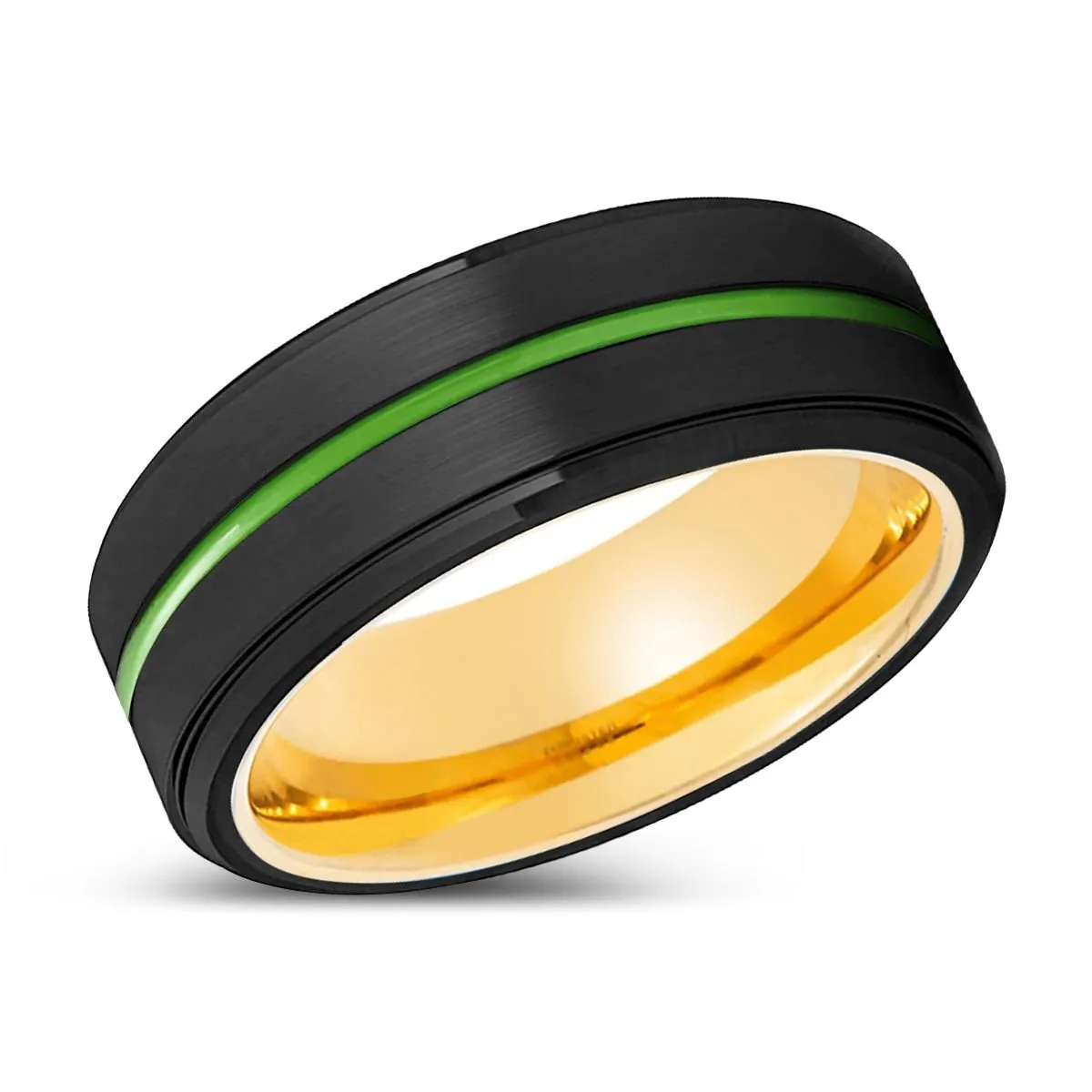 PATERSON | Gold Ring, Black Tungsten Ring, Green Groove, Stepped Edge