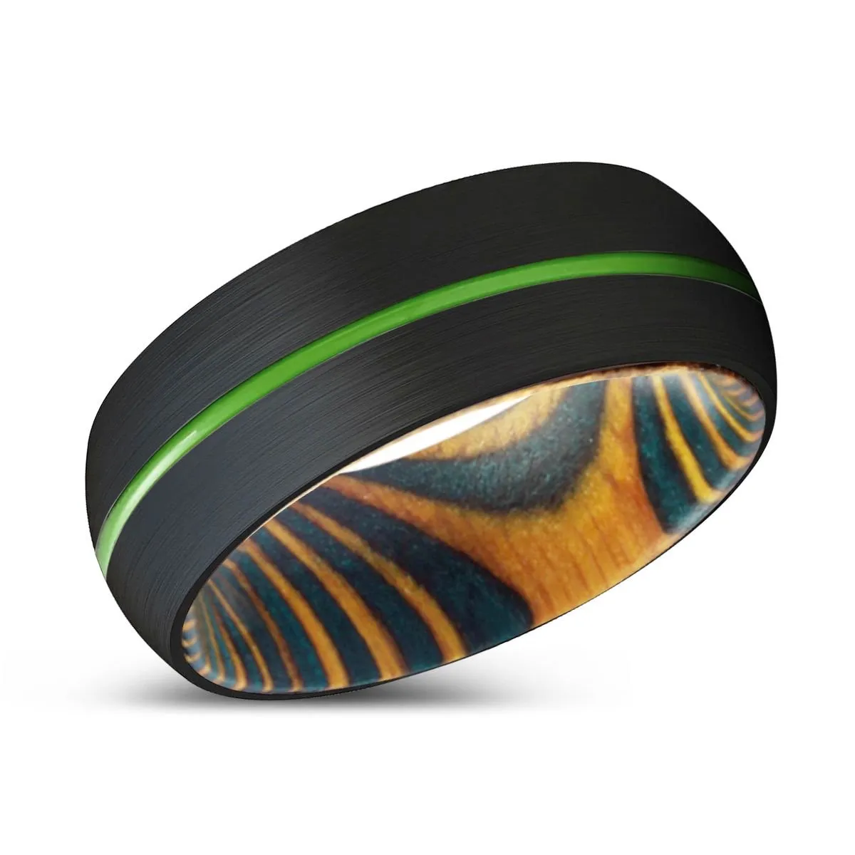 PELICAN | Green & Yellow Wood, Black Tungsten Ring, Green Groove, Domed