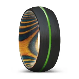 PELICAN | Green & Yellow Wood, Black Tungsten Ring, Green Groove, Domed