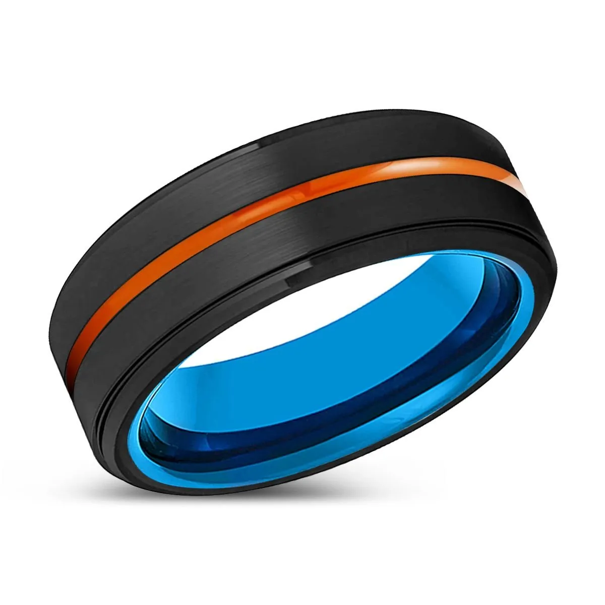 PEORIA | Blue Tungsten Ring, Black Tungsten Ring, Orange Groove, Stepped Edge