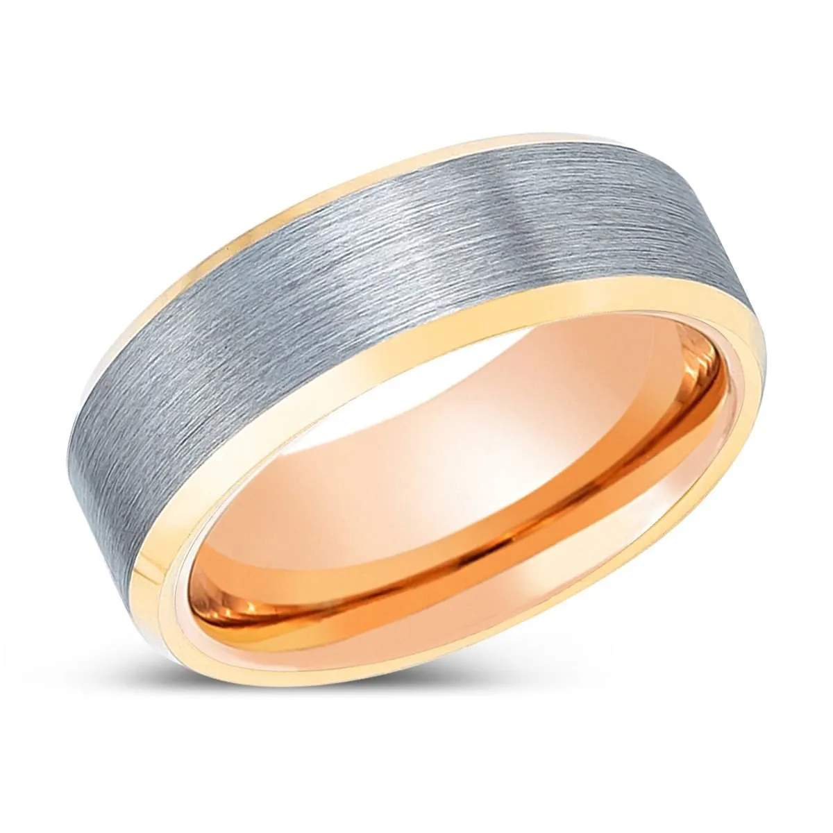PRESERVER | Rose Gold Ring, Brushed, Silver Tungsten Ring, Gold Beveled Edges