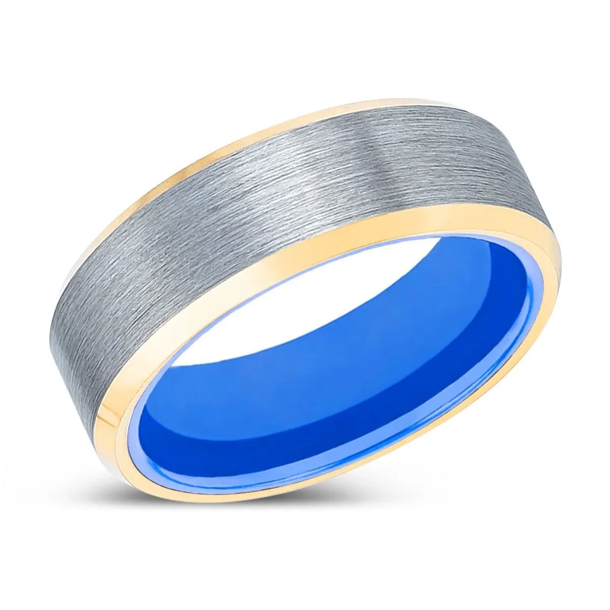 PRIME | Blue Ring, Brushed, Silver Tungsten Ring, Gold Beveled Edges