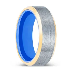 PRIME | Blue Ring, Brushed, Silver Tungsten Ring, Gold Beveled Edges