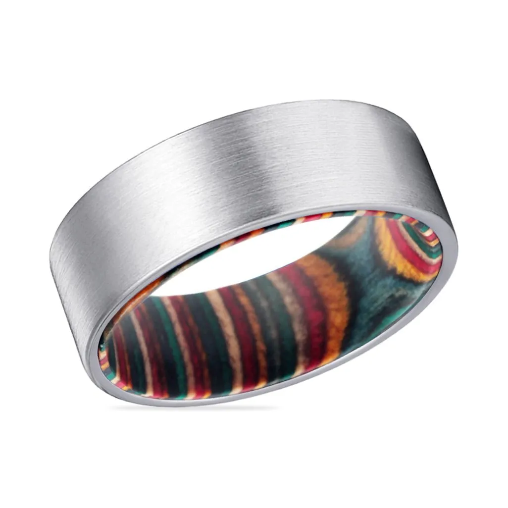 PRISM | Multi Color Wood, Silver Tungsten Ring, Brushed, Flat