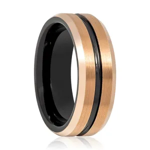 QUAKE | Rose Gold Tungsten Ring, Black Groove, Beveled