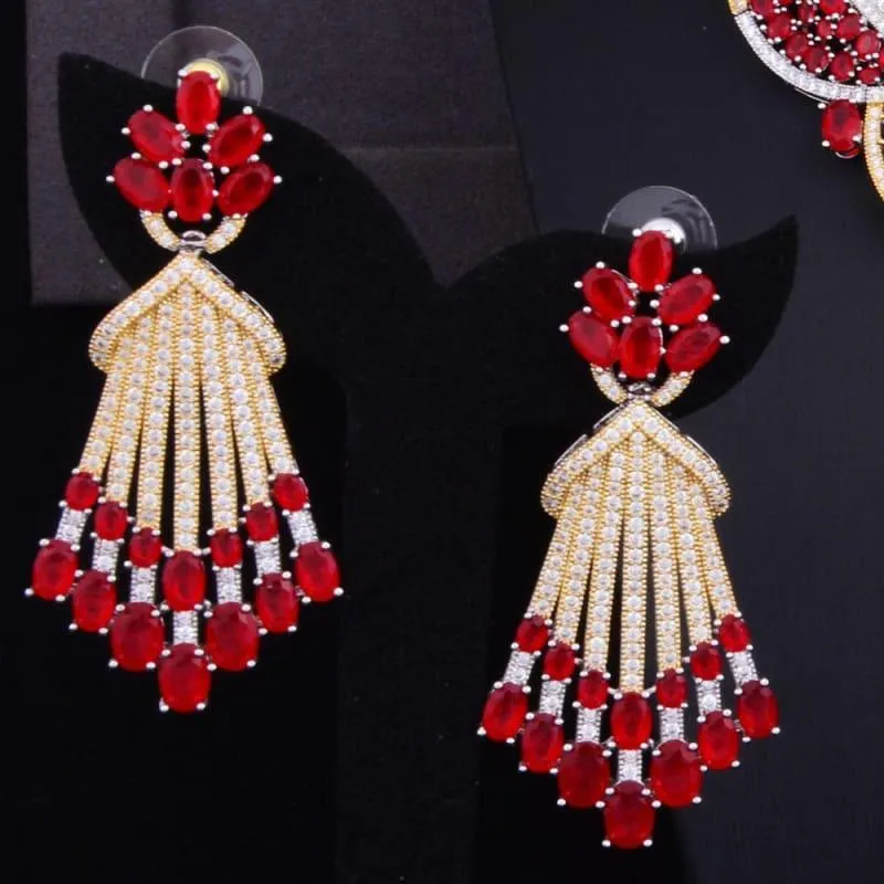 Red Butterfly Flower 4PCS Wedding Zircon Crystal CZ Bridal Lariat Necklace Jewelry Set