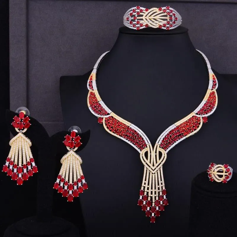 Red Butterfly Flower 4PCS Wedding Zircon Crystal CZ Bridal Lariat Necklace Jewelry Set