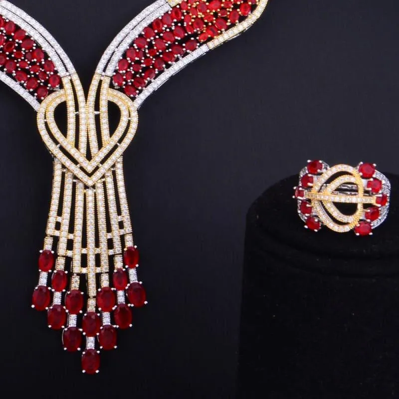 Red Butterfly Flower 4PCS Wedding Zircon Crystal CZ Bridal Lariat Necklace Jewelry Set