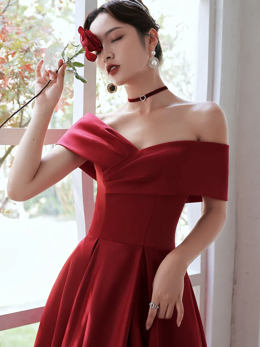 Red Satin Off Shoulder A-line Floor Length Prom Dress, Red Evening Dress